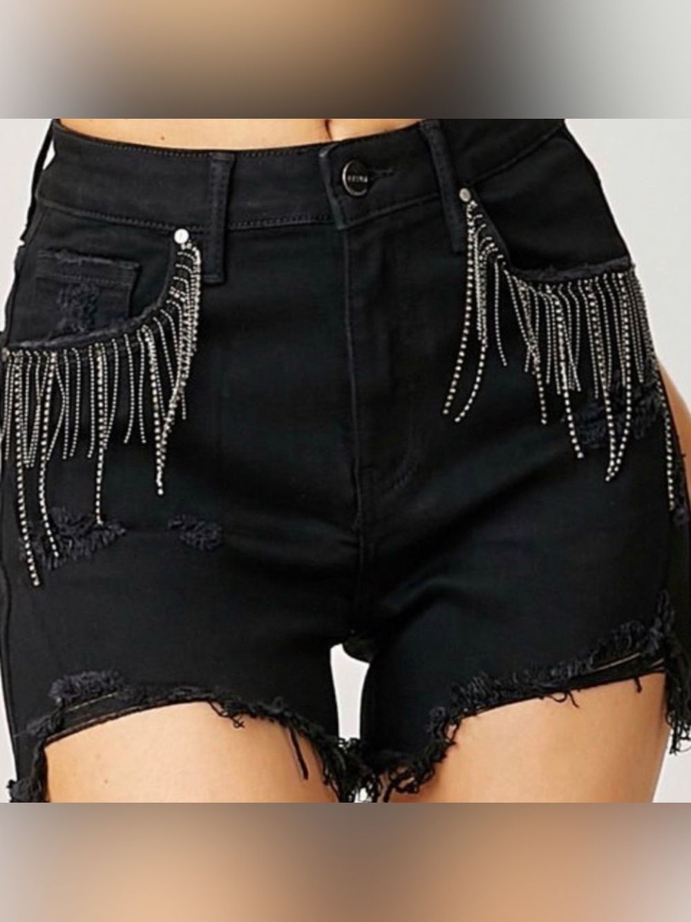 Risen Black Distressed High Rise Denim Cutoff Shorts with Rhinestone